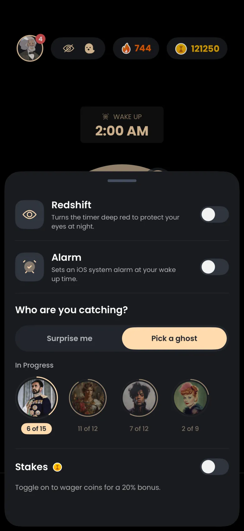 The sleep settings sheet with Redshift and Alarm switches both off, a Surprise me or Pick a ghost choice above four In Progress ghosts, and a Stakes switch.