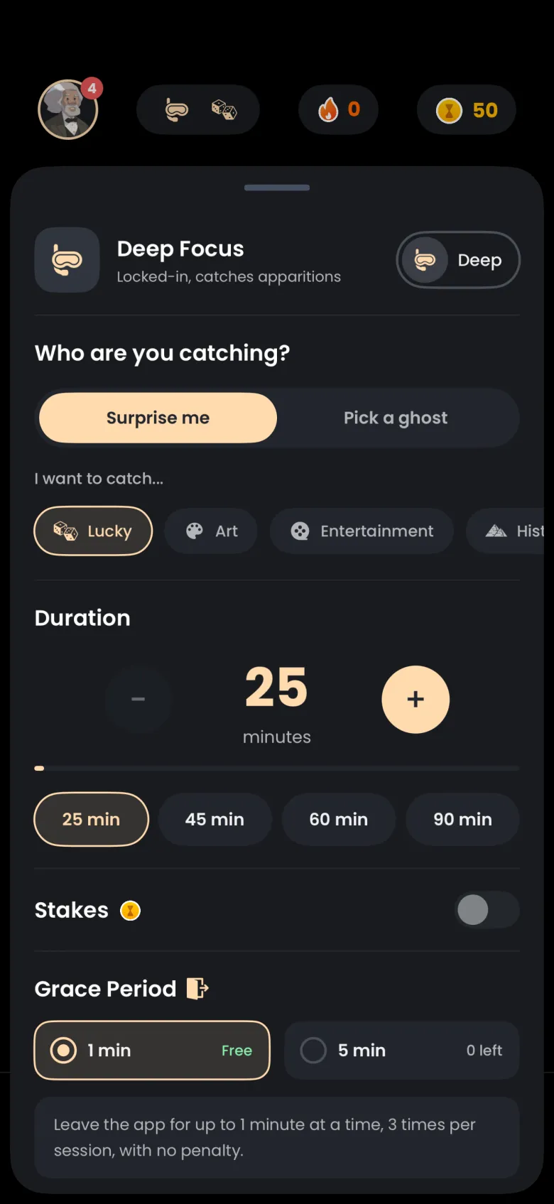 Focus settings sheet for Deep Focus with a greyed-out Stakes switch next to a coin icon, a 25 minute duration, and a Grace Period section with 1 min marked Free selected and 5 min showing 0 left.