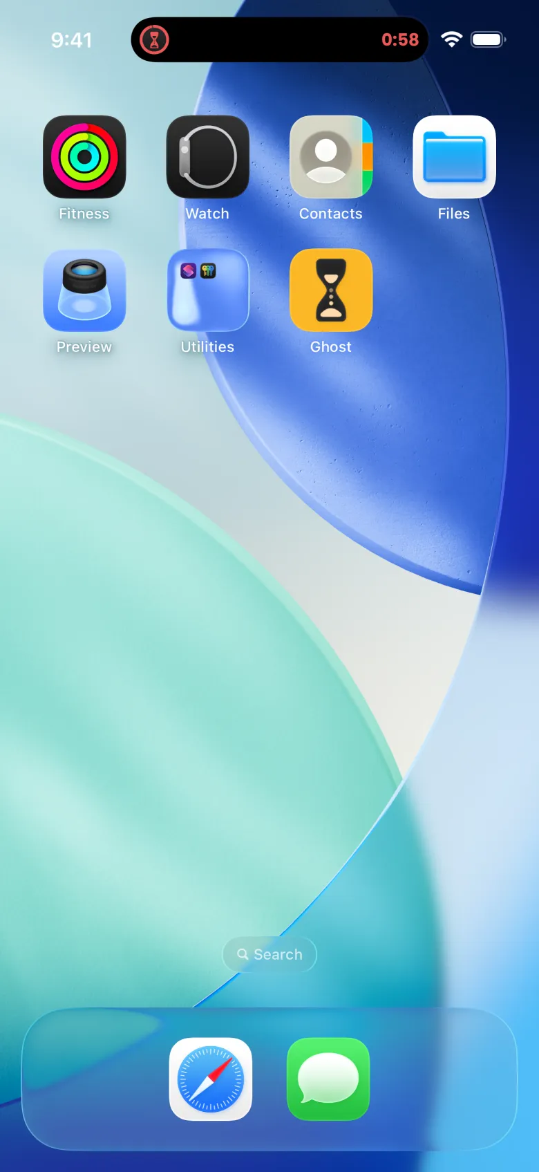 An iPhone Home Screen with the Dynamic Island showing a red hourglass on the left and a red 0:58 countdown on the right.