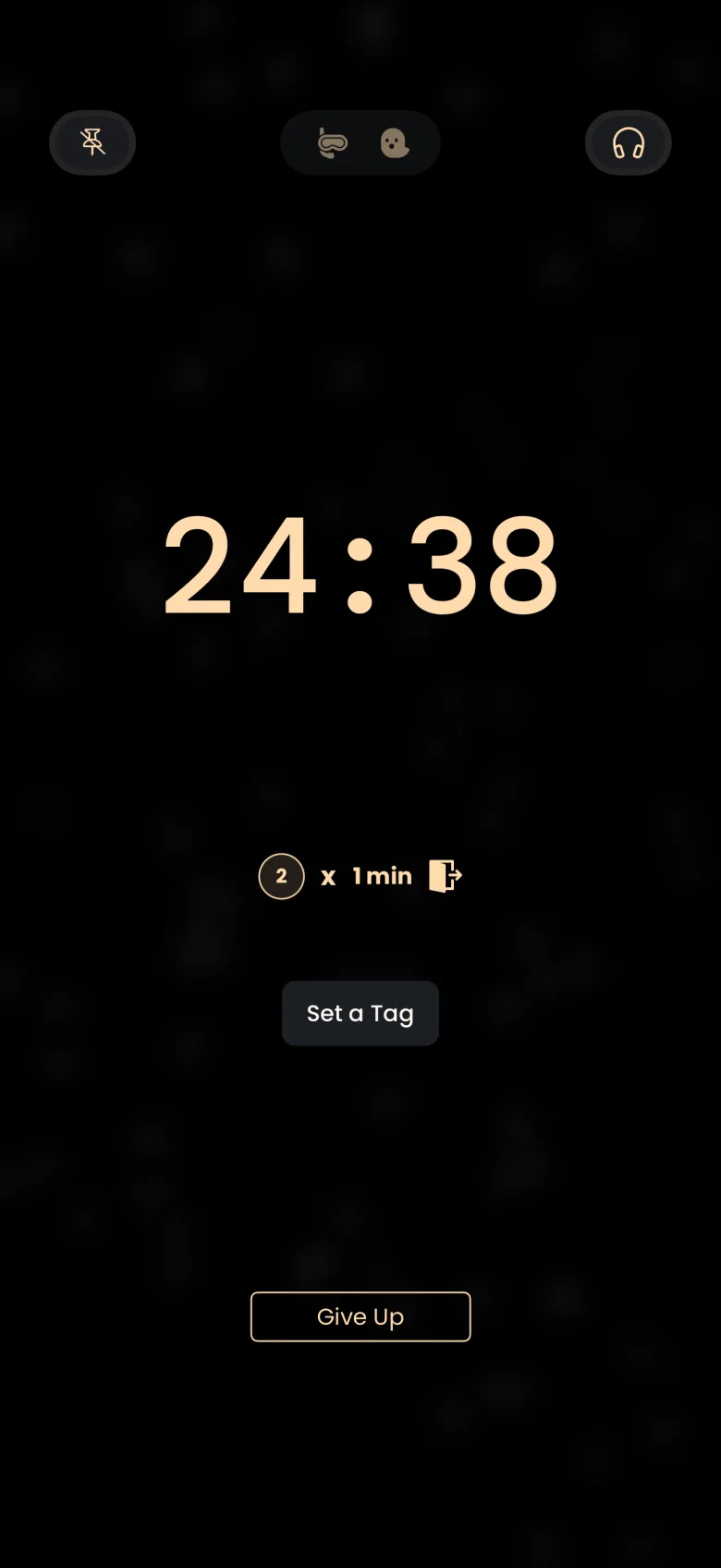 The running timer showing 24:38 with a badge reading 2 x 1 min beside an exit icon, a Set a Tag button and an end-session button.