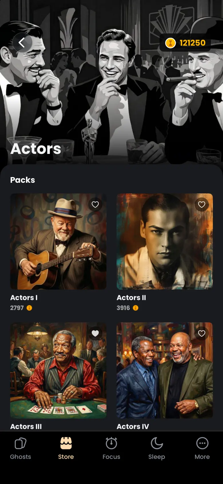 Actors collection page with black and white cover art of three actors, the title Actors, and a Packs grid of painted pack covers Actors I, Actors II, Actors III and Actors IV with coin prices and heart buttons.