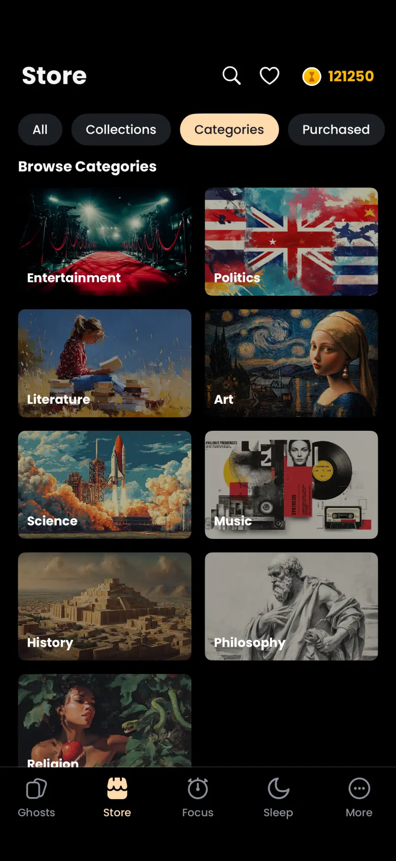 Store with the Categories filter selected, a Browse Categories grid of illustrated tiles labelled Entertainment, Politics, Literature, Art, Science, Music, History, Philosophy and Religion.
