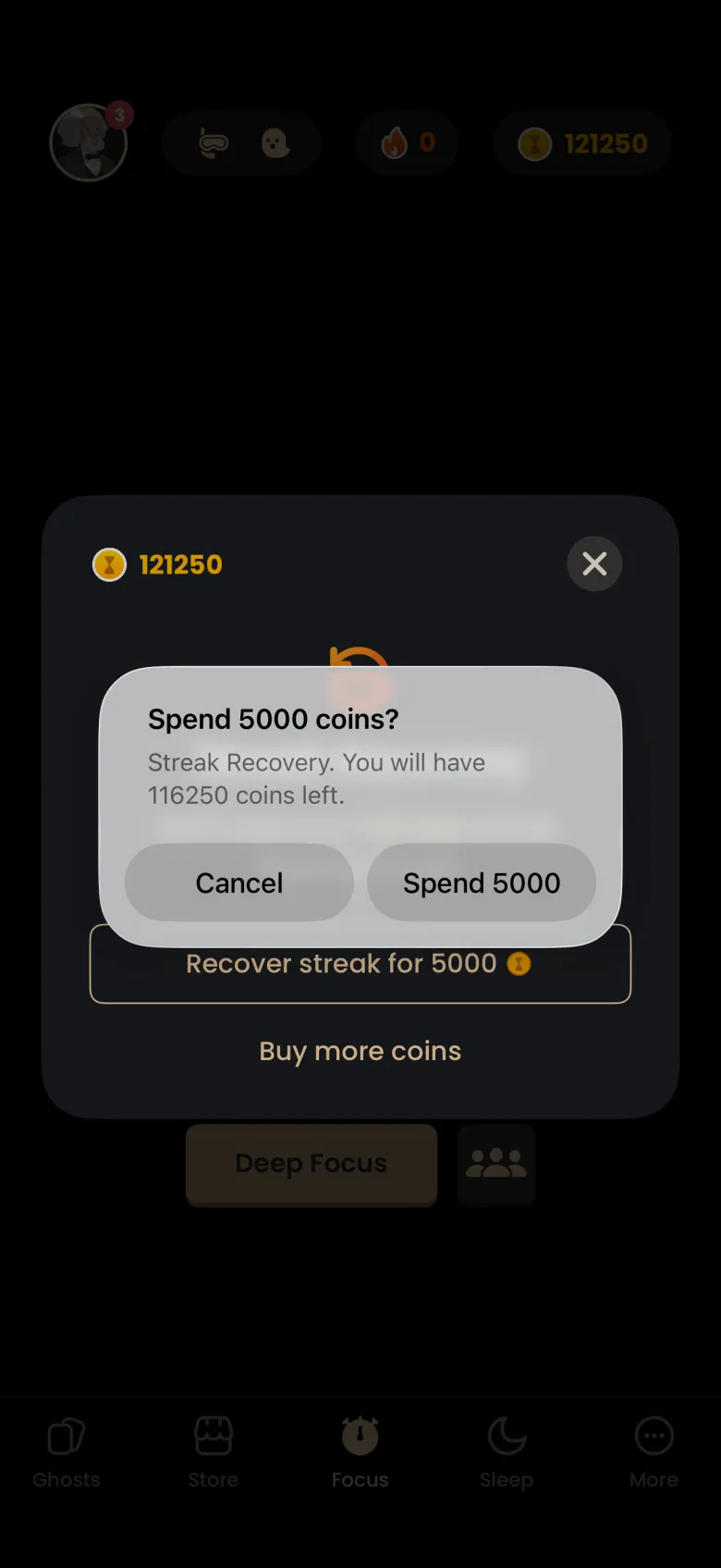 Alert reading Spend 5000 coins? Streak Recovery. You will have 116250 coins left., with Cancel and Spend 5000 buttons, over the Streak Recovery window.