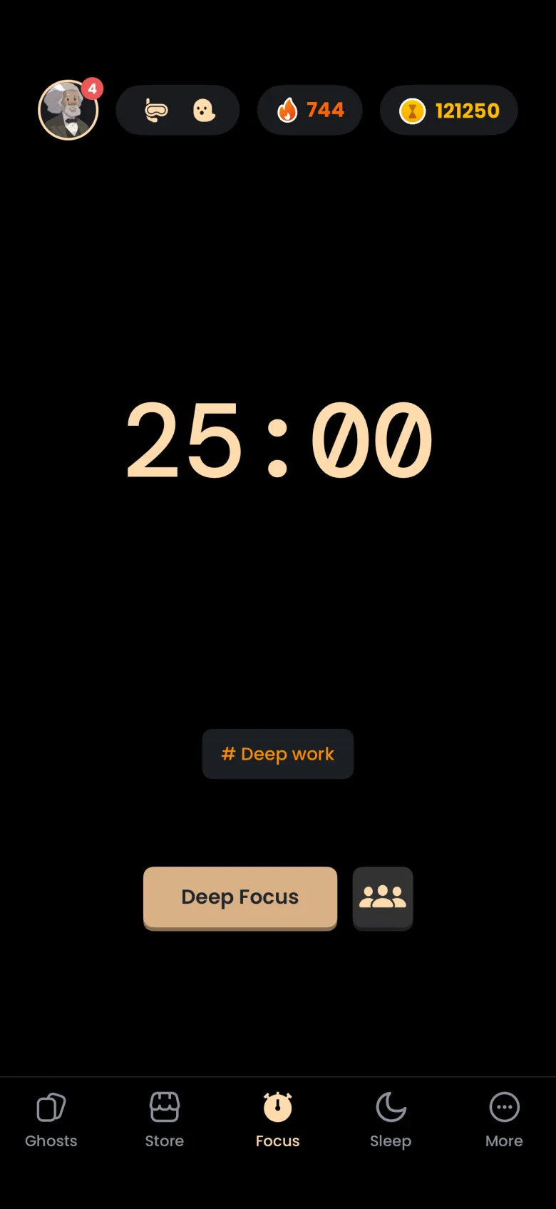 The Focus tab with the 25:00 timer and an orange tag reading Deep work under it, above the Deep Focus button.