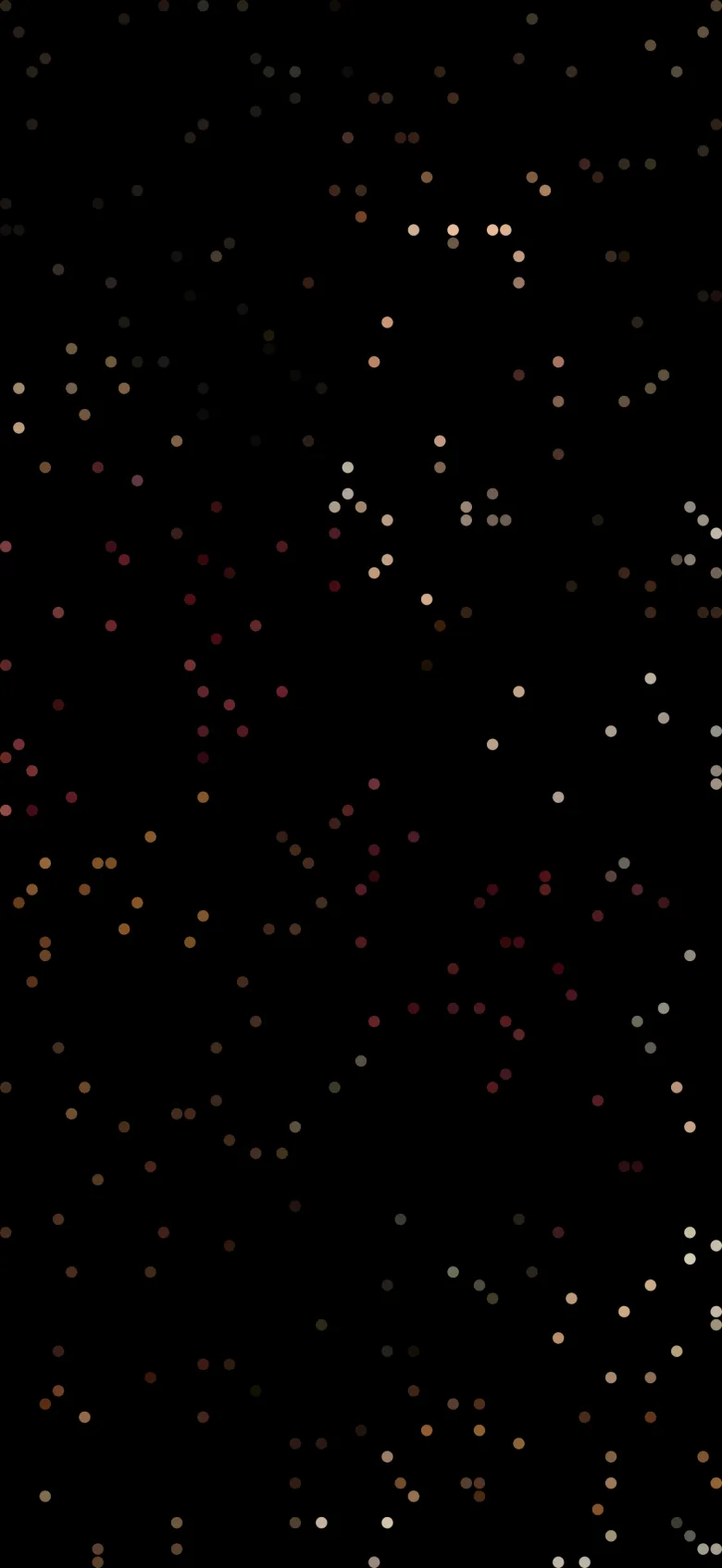 A full-screen grid of dots on black with only a scattering of dim brown, red and cream dots filled in.