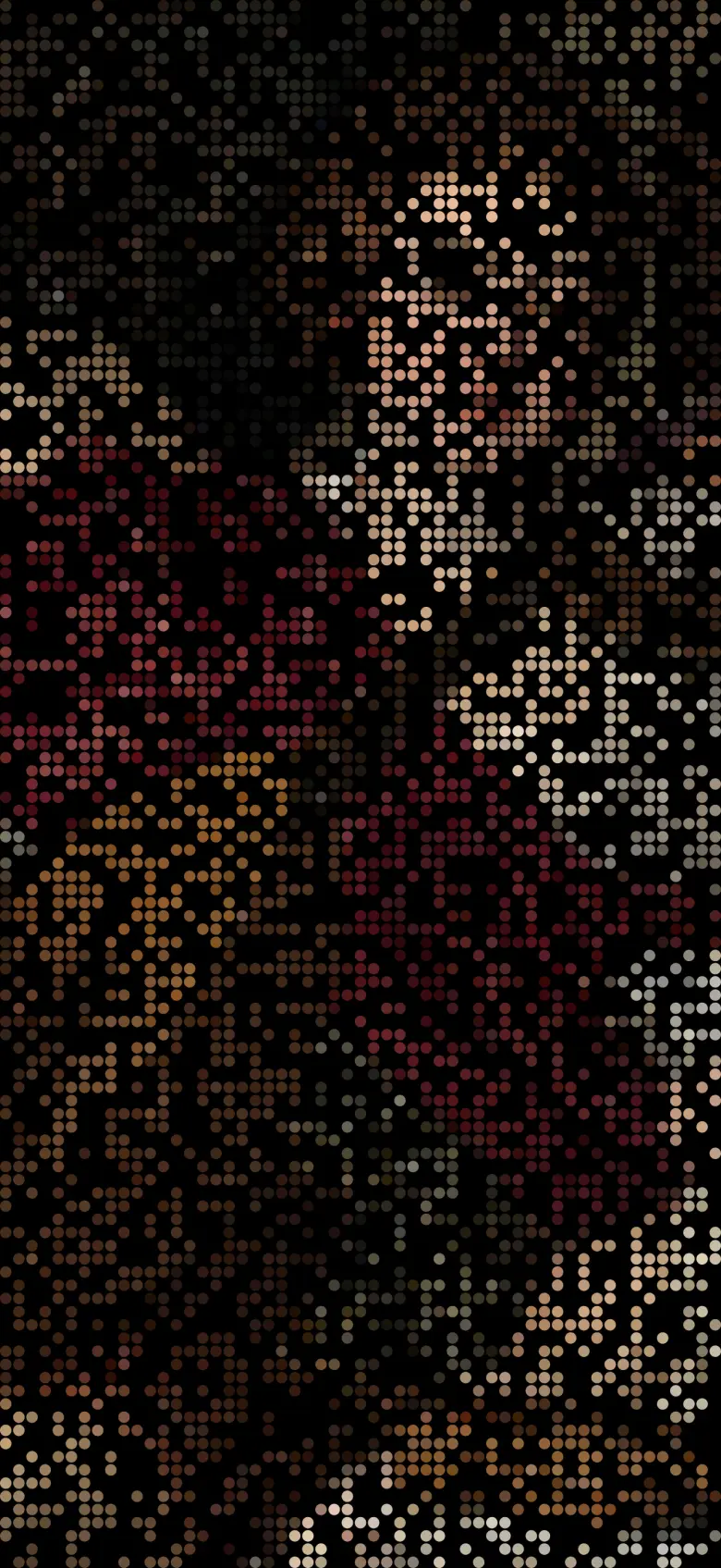 A dot grid about half filled in, with a pale face at the upper right, crimson velvet on the left and a golden lute shape at the lower left between black gaps.
