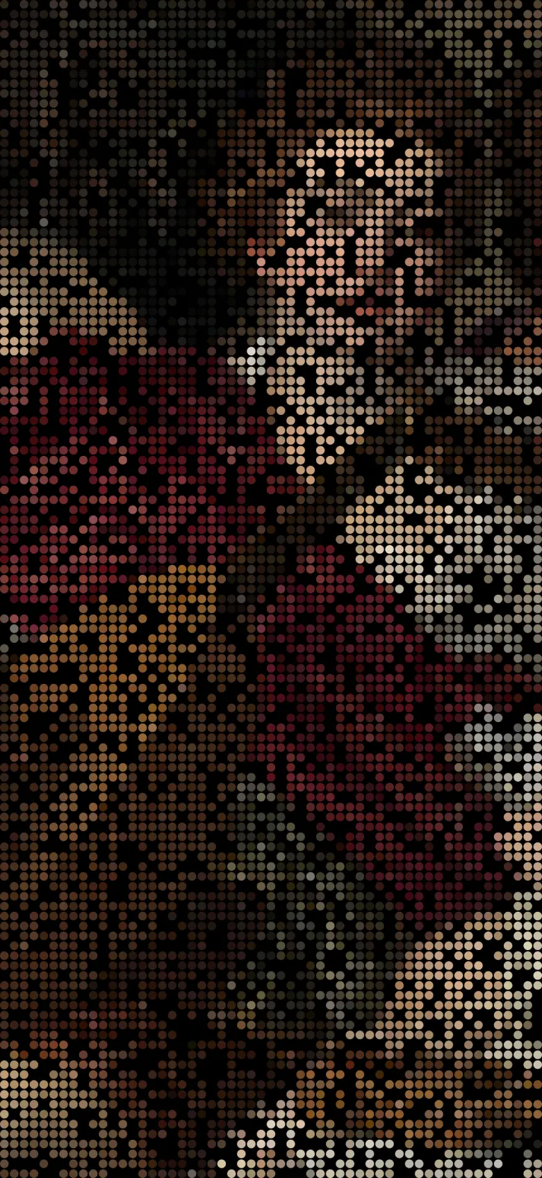 A dot grid mostly filled in, with a young musician's face, a crimson robe and a gold lute clear and only scattered black gaps left.