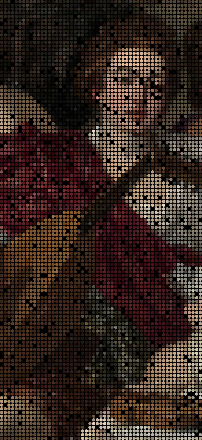 A dot grid almost complete, showing a young musician in a crimson robe with a golden lute and a few black cells still unfilled.
