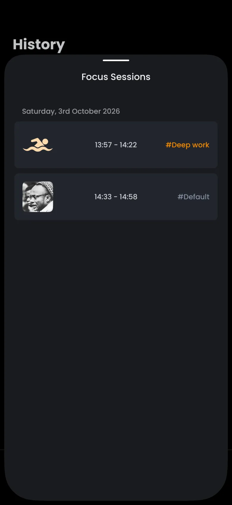 Focus Sessions sheet for Saturday 3rd October 2026 listing a Shallow Focus session from 13:57 to 14:22 tagged Deep work and a newest session from 14:33 to 14:58 with a black and white apparition thumbnail tagged Default.