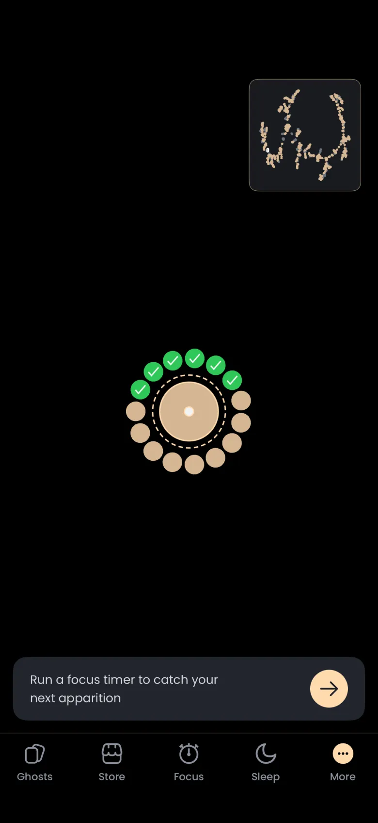 Universe graph centred on a large gold node ringed by fifteen small apparition dots, six with green ticks, with a minimap of the whole graph top right and a card at the bottom reading Run a focus timer to catch your next apparition.