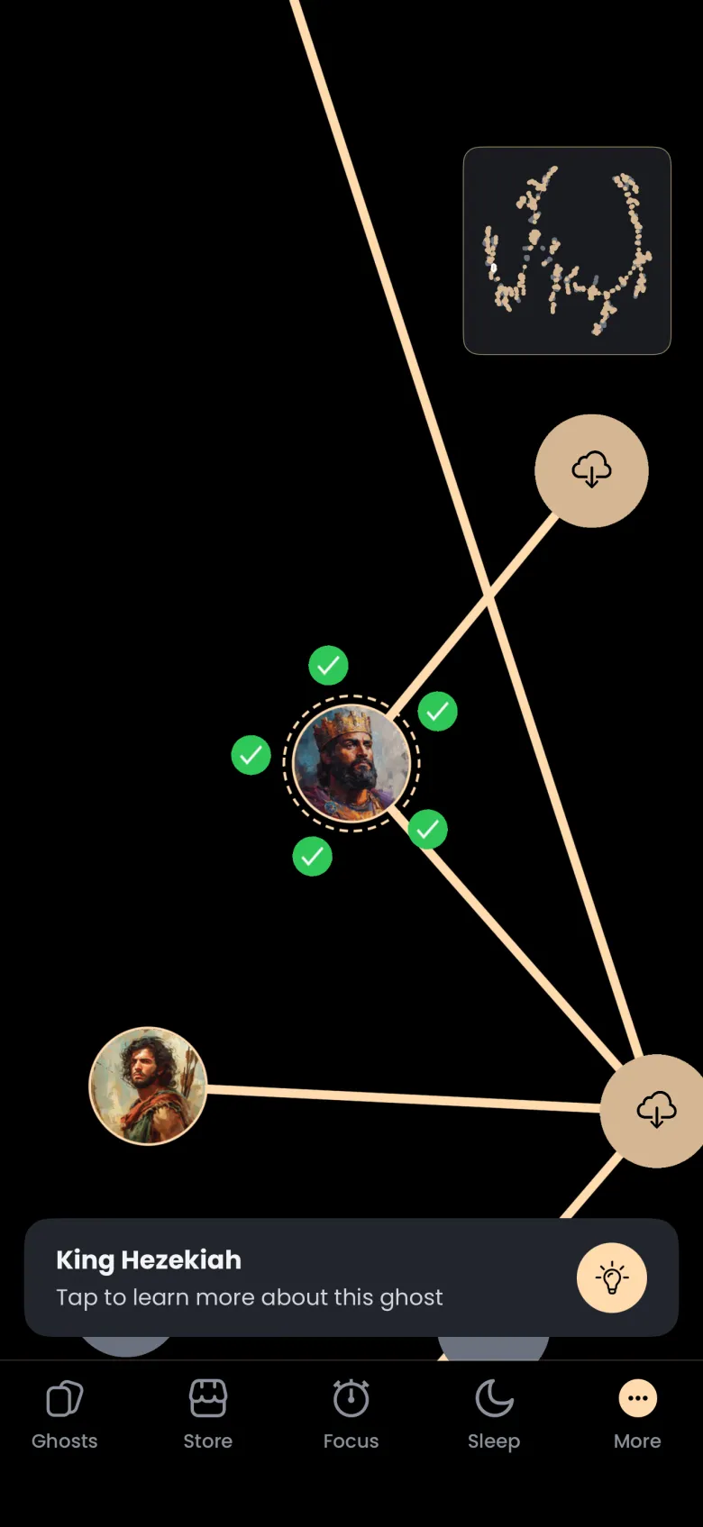 Universe zoomed on a portrait of King Hezekiah ringed by five green ticks, with neighbouring ghosts joined by gold lines, two cloud icon nodes, the minimap top right, and a card reading King Hezekiah, Tap to learn more about this ghost, with a lightbulb button.