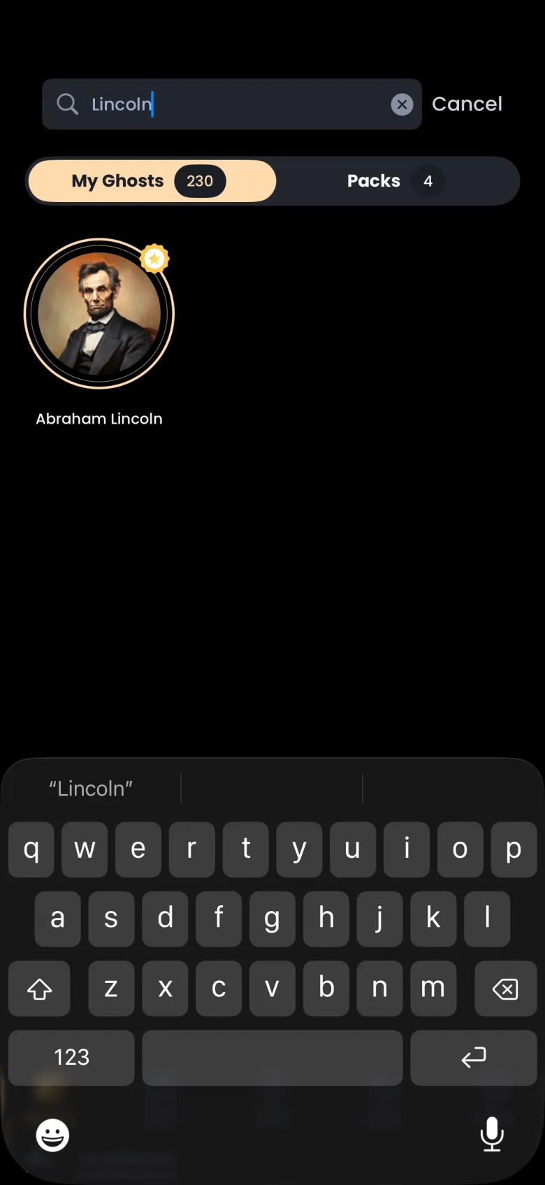 Ghosts screen with Lincoln typed in the Search Ghosts field and a single result, Abraham Lincoln, above the keyboard.